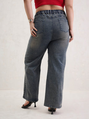Blue Acid Wash Front Stitch Straight Jeans-SASSAFRAS Curve