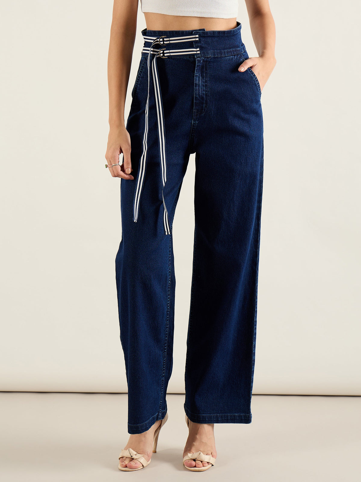 Navy Blue High Rise Straight Fit Jeans-SASSAFRAS