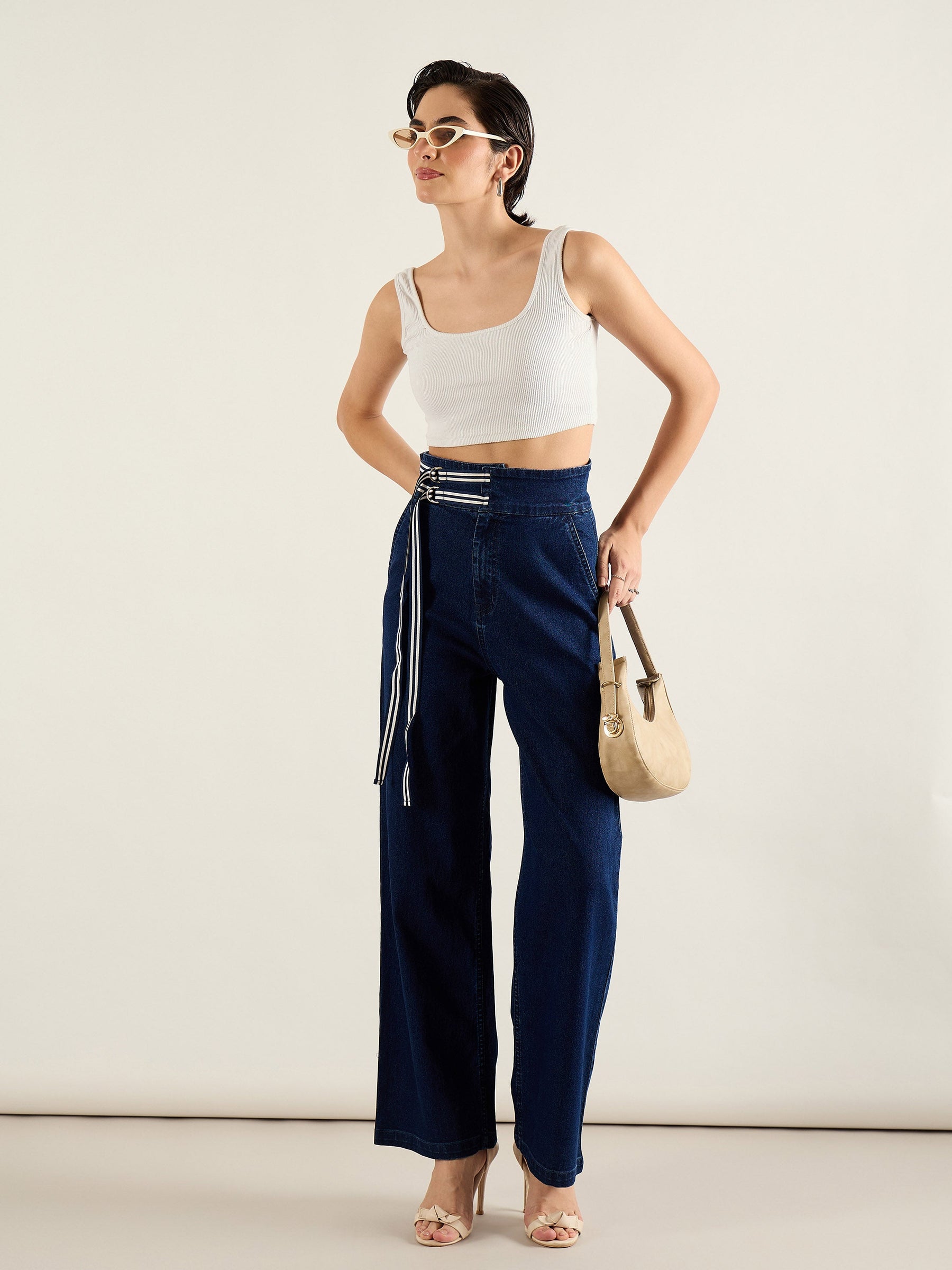 Navy Blue High Rise Straight Fit Jeans-SASSAFRAS