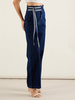 Navy Blue High Rise Straight Fit Jeans-SASSAFRAS