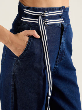 Navy Blue High Rise Straight Fit Jeans-SASSAFRAS
