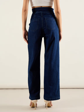 Navy Blue High Rise Straight Fit Jeans-SASSAFRAS