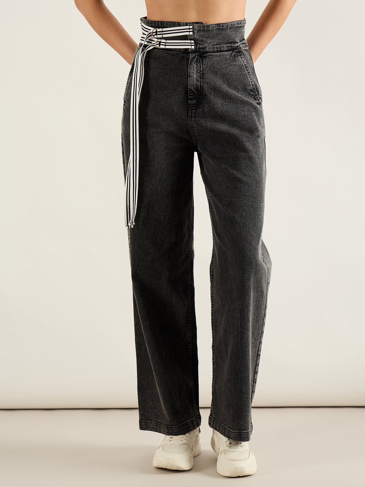 Grey Washed High Rise Straight Jeans-SASSAFRAS