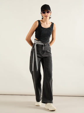 Grey Washed High Rise Straight Jeans-SASSAFRAS
