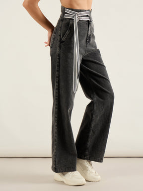 Grey Washed High Rise Straight Jeans-SASSAFRAS
