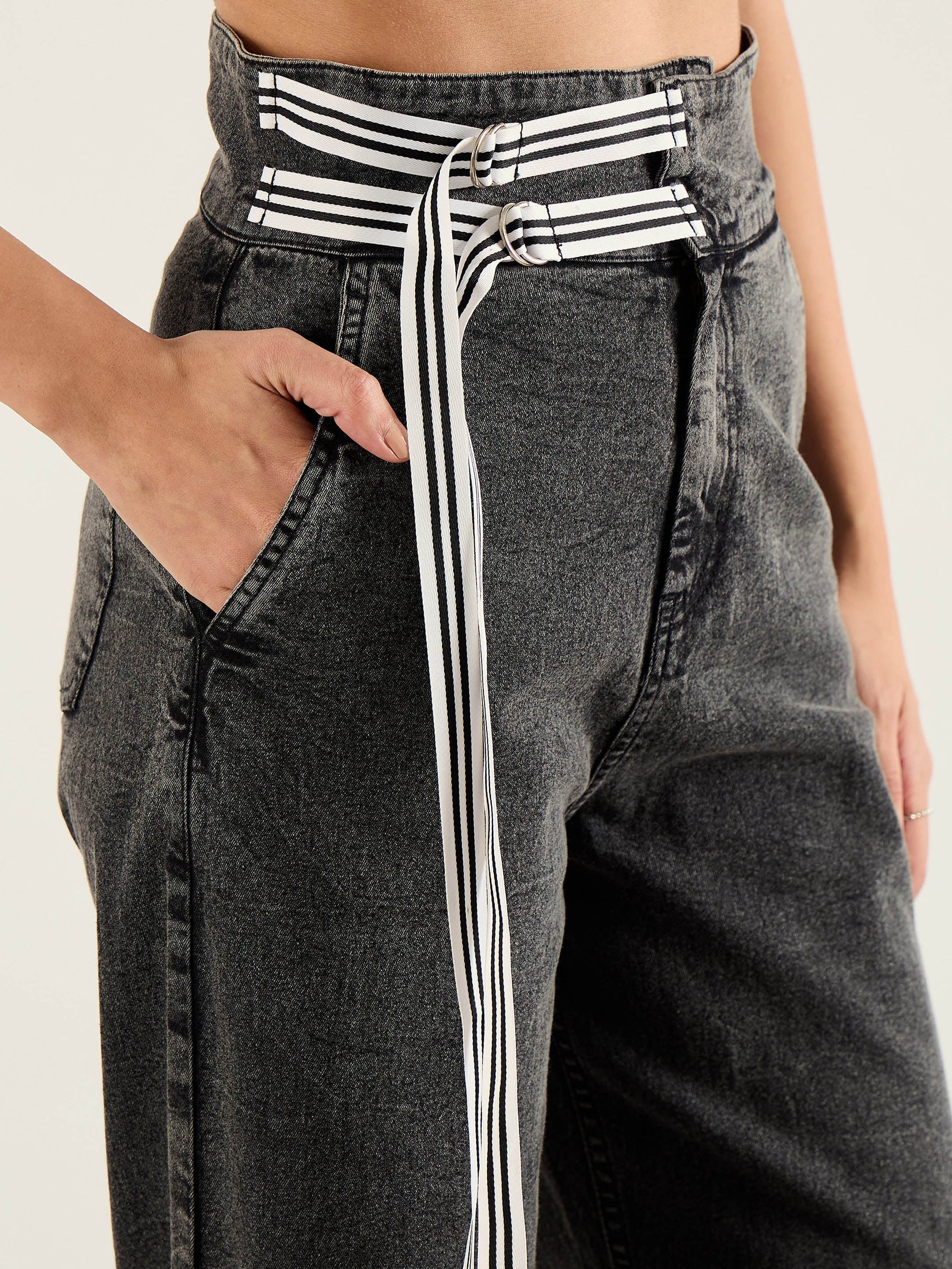 Grey Washed High Rise Straight Jeans-SASSAFRAS
