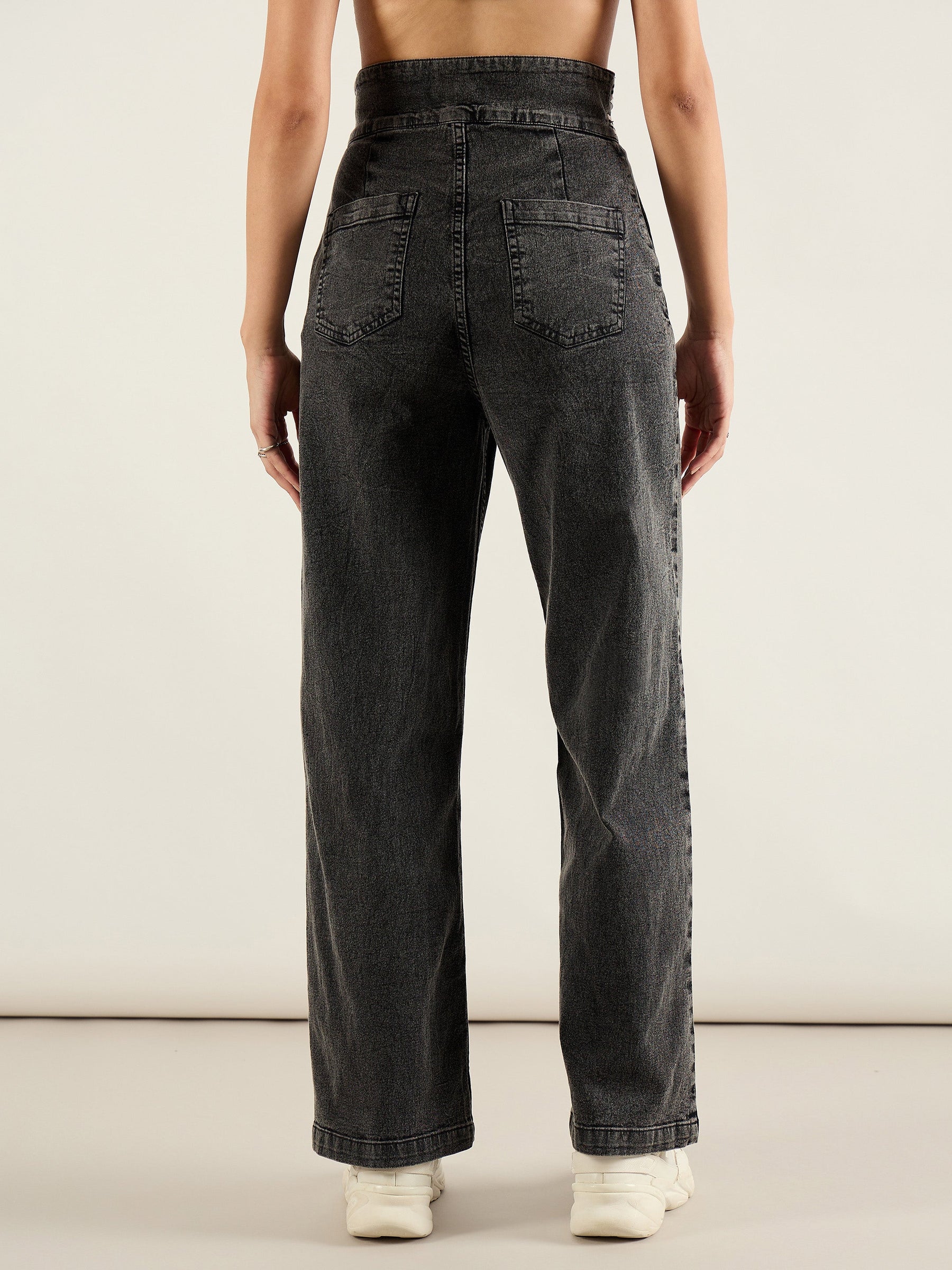 Grey Washed High Rise Straight Jeans-SASSAFRAS