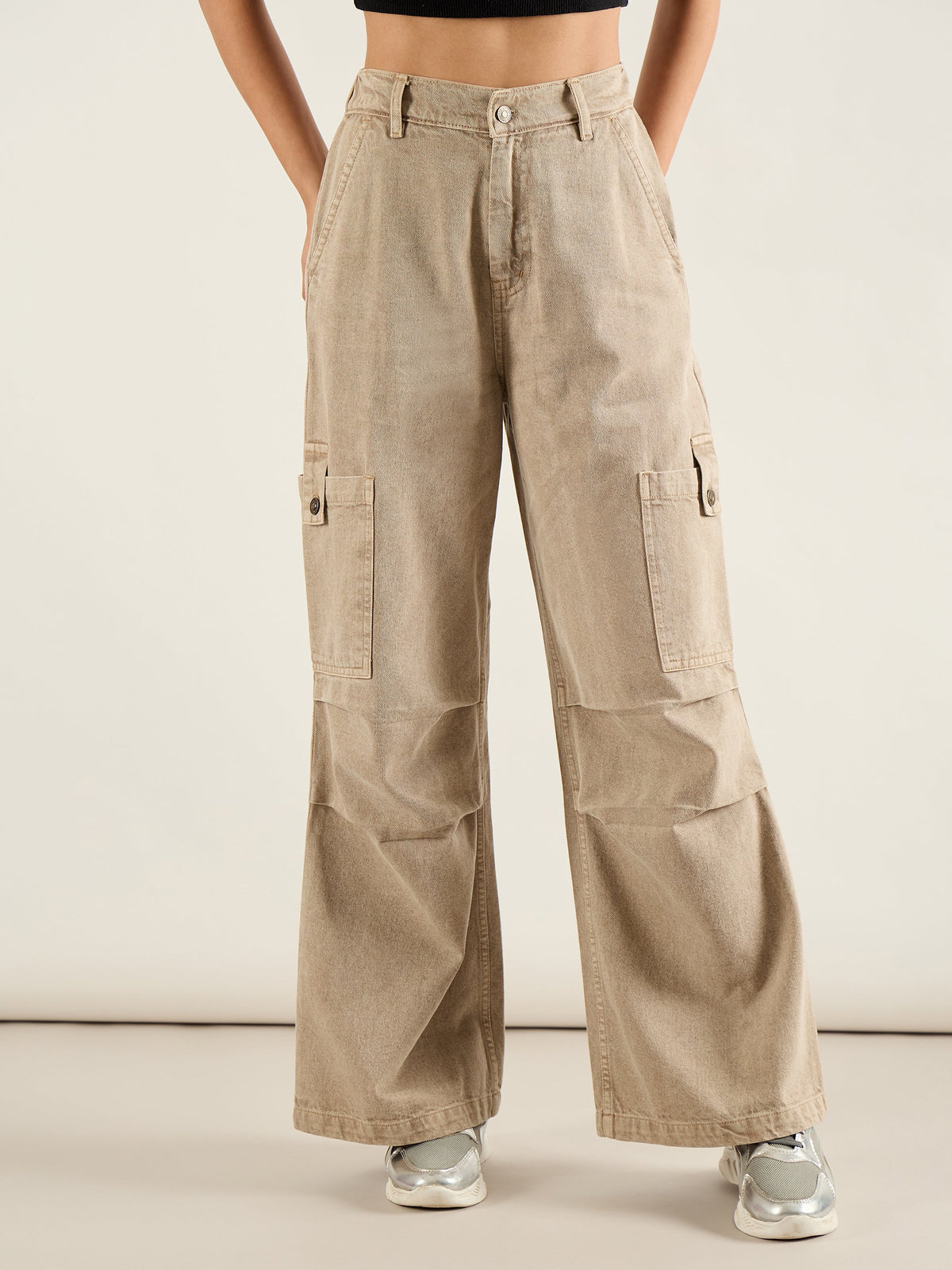 Beige High Rise Straight Cargo Jeans-SASSAFRAS
