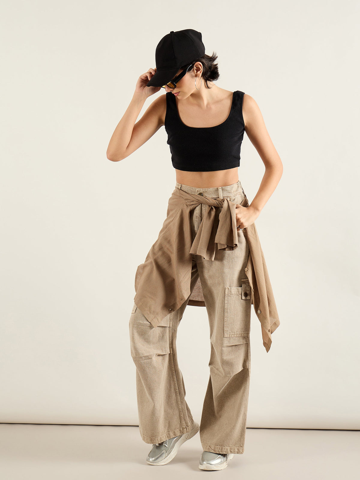 Beige High Rise Straight Cargo Jeans-SASSAFRAS