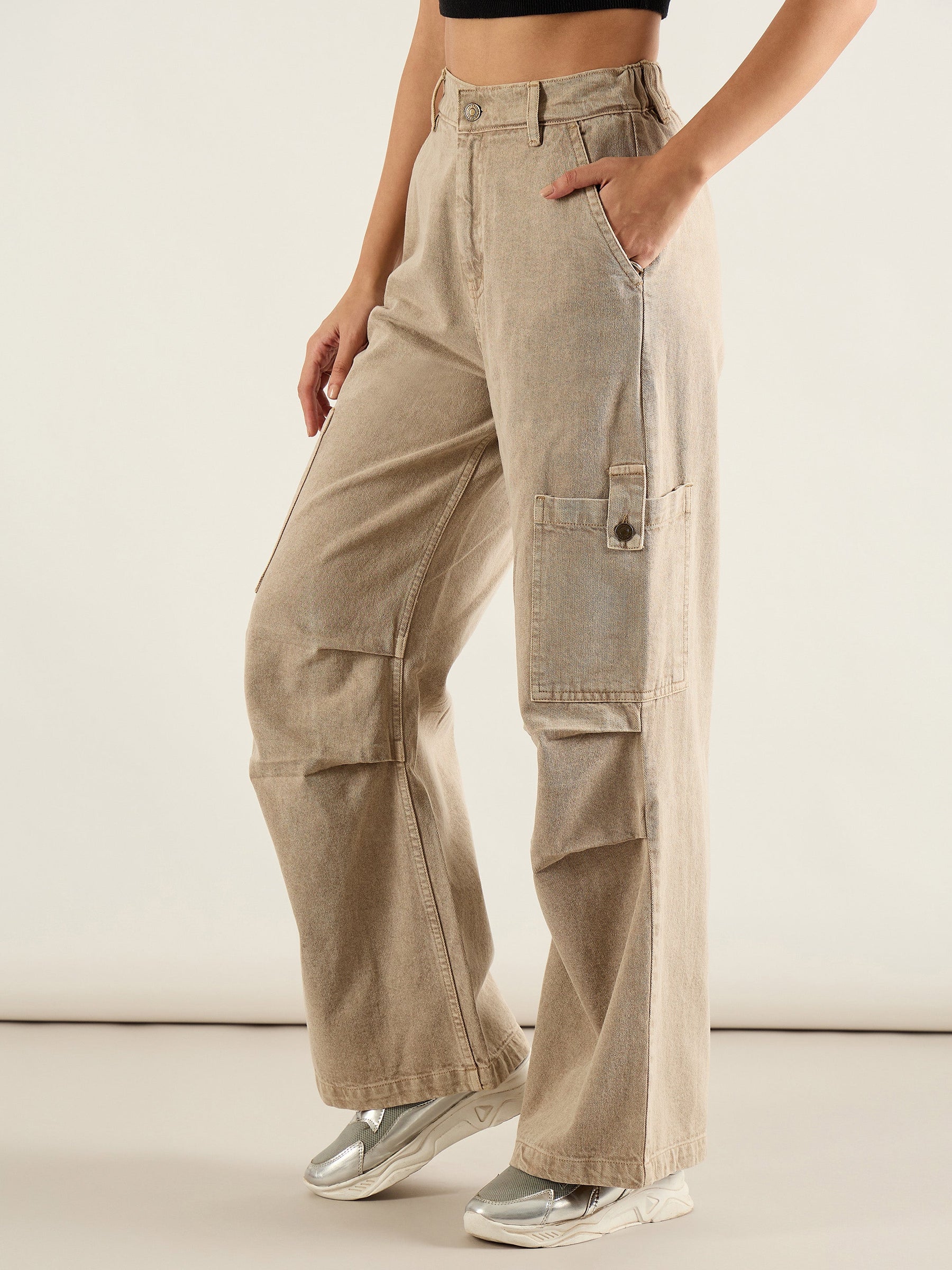 Beige High Rise Straight Cargo Jeans-SASSAFRAS