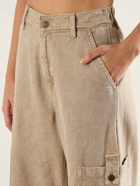 Beige High Rise Straight Cargo Jeans-SASSAFRAS