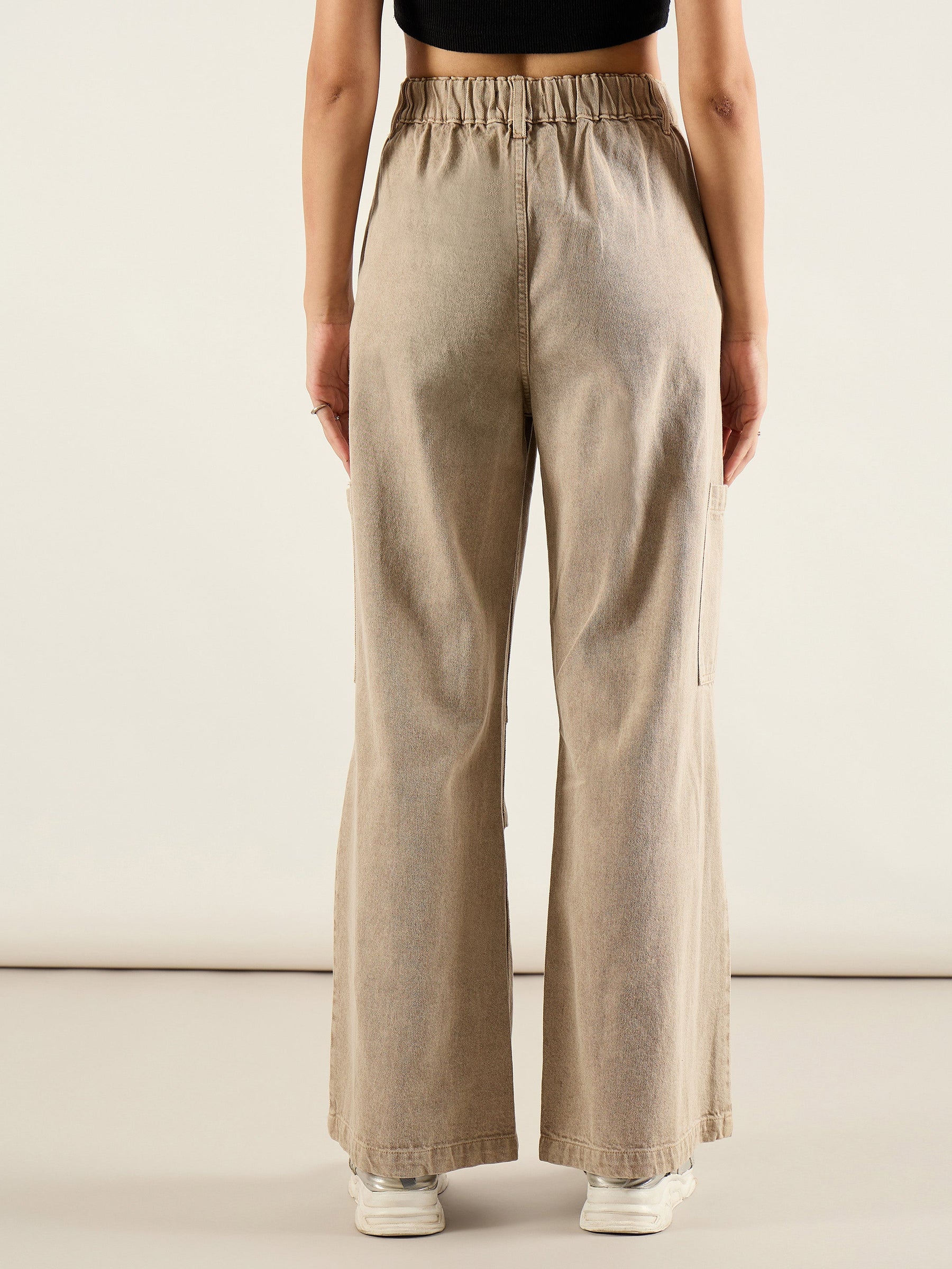 Beige High Rise Straight Cargo Jeans-SASSAFRAS