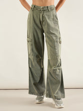 Olive Acid Wash High Rise Straight Cargo Jeans-SASSAFRAS