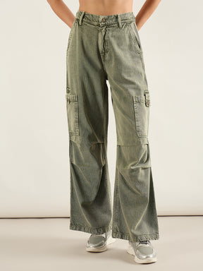 Olive Acid Wash High Rise Straight Cargo Jeans-SASSAFRAS