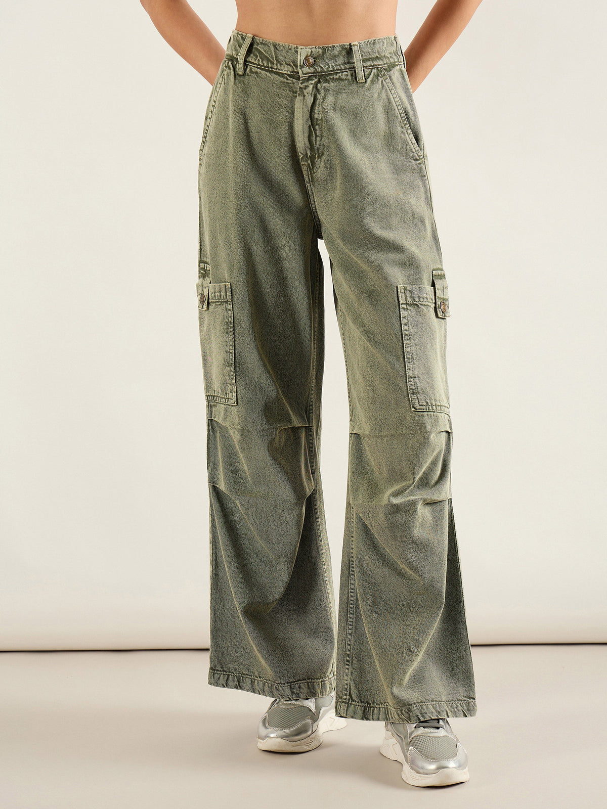 Olive Acid Wash High Rise Straight Cargo Jeans-SASSAFRAS