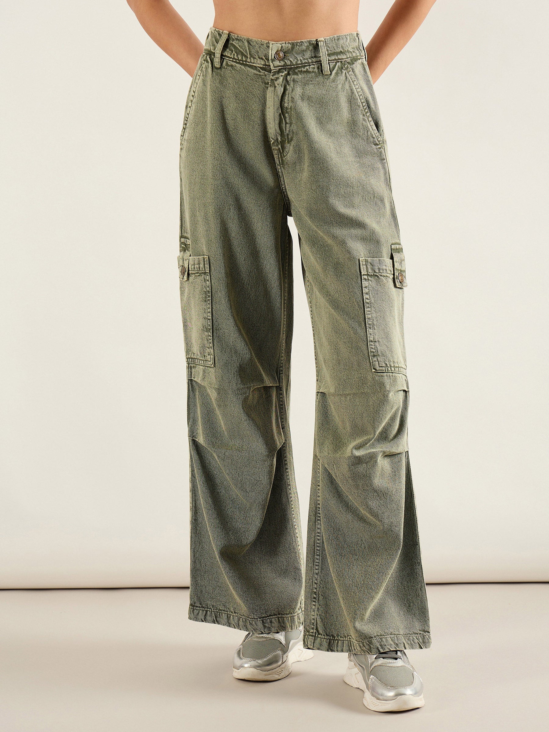 Olive Acid Wash High Rise Straight Cargo Jeans-SASSAFRAS