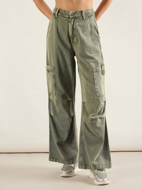 Olive Acid Wash High Rise Straight Cargo Jeans-SASSAFRAS