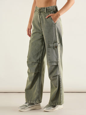 Olive Acid Wash High Rise Straight Cargo Jeans-SASSAFRAS