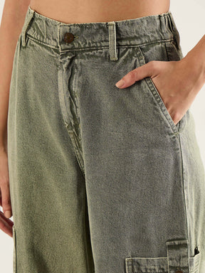 Olive Acid Wash High Rise Straight Cargo Jeans-SASSAFRAS