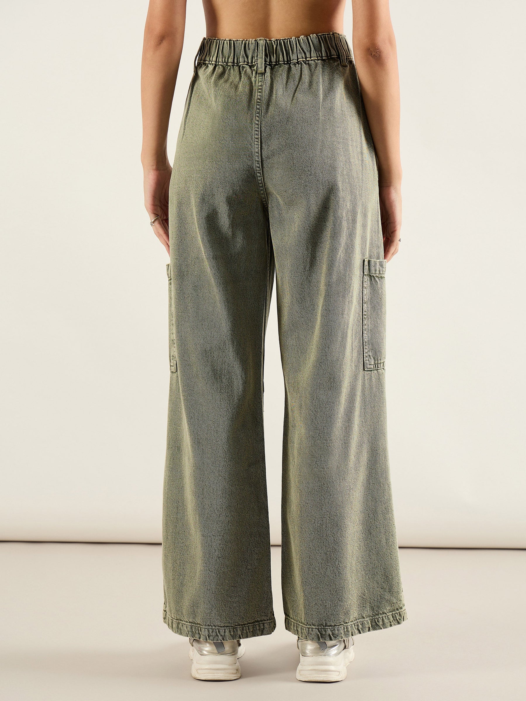 Olive Acid Wash High Rise Straight Cargo Jeans-SASSAFRAS
