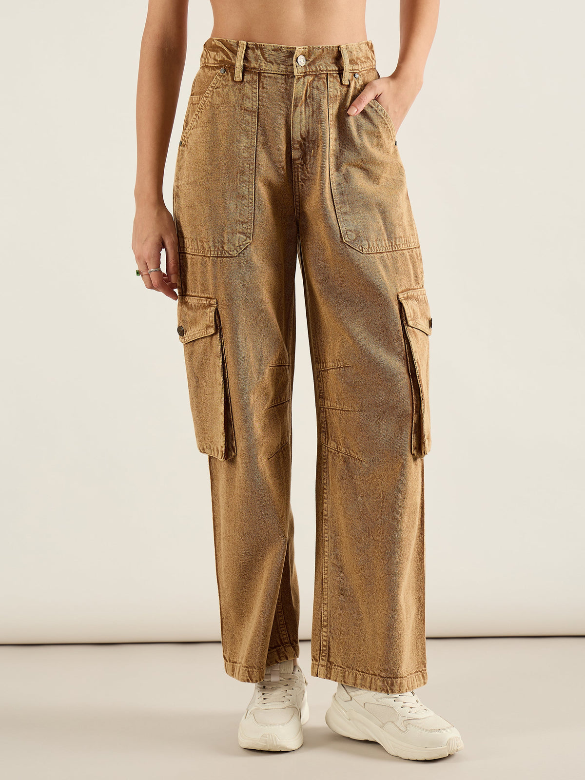 Dark Beige High Rise Cargo Pocket Jeans-SASSAFRAS