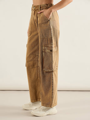 Dark Beige High Rise Cargo Pocket Jeans-SASSAFRAS