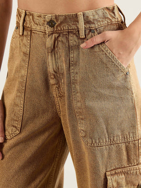 Dark Beige High Rise Cargo Pocket Jeans-SASSAFRAS