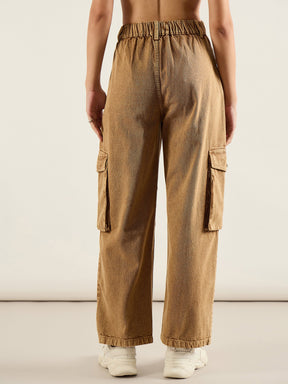 Dark Beige High Rise Cargo Pocket Jeans-SASSAFRAS