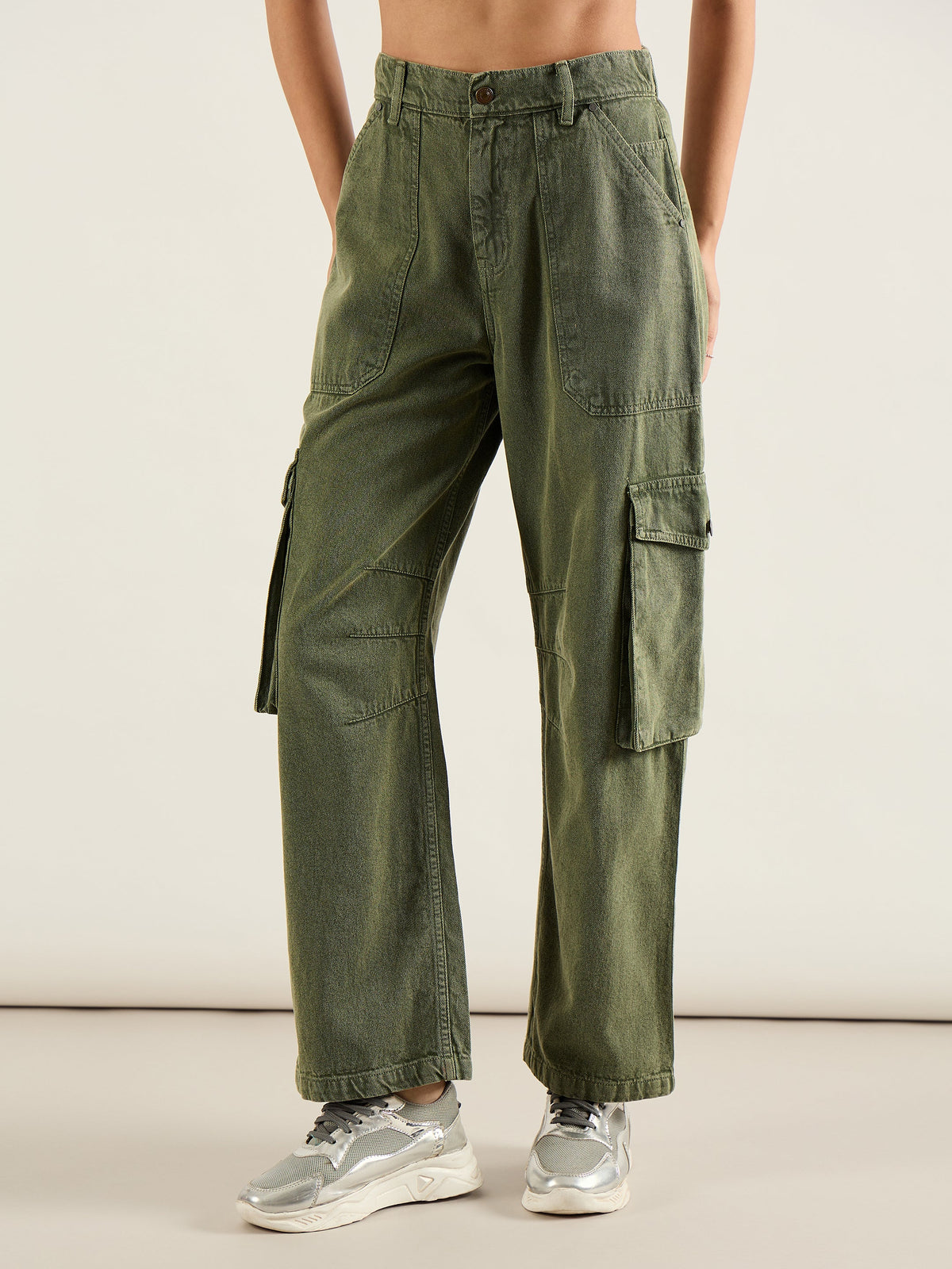 Olive High Rise Cargo Pocket Jeans-SASSAFRAS