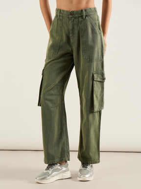 Olive High Rise Cargo Pocket Jeans-SASSAFRAS