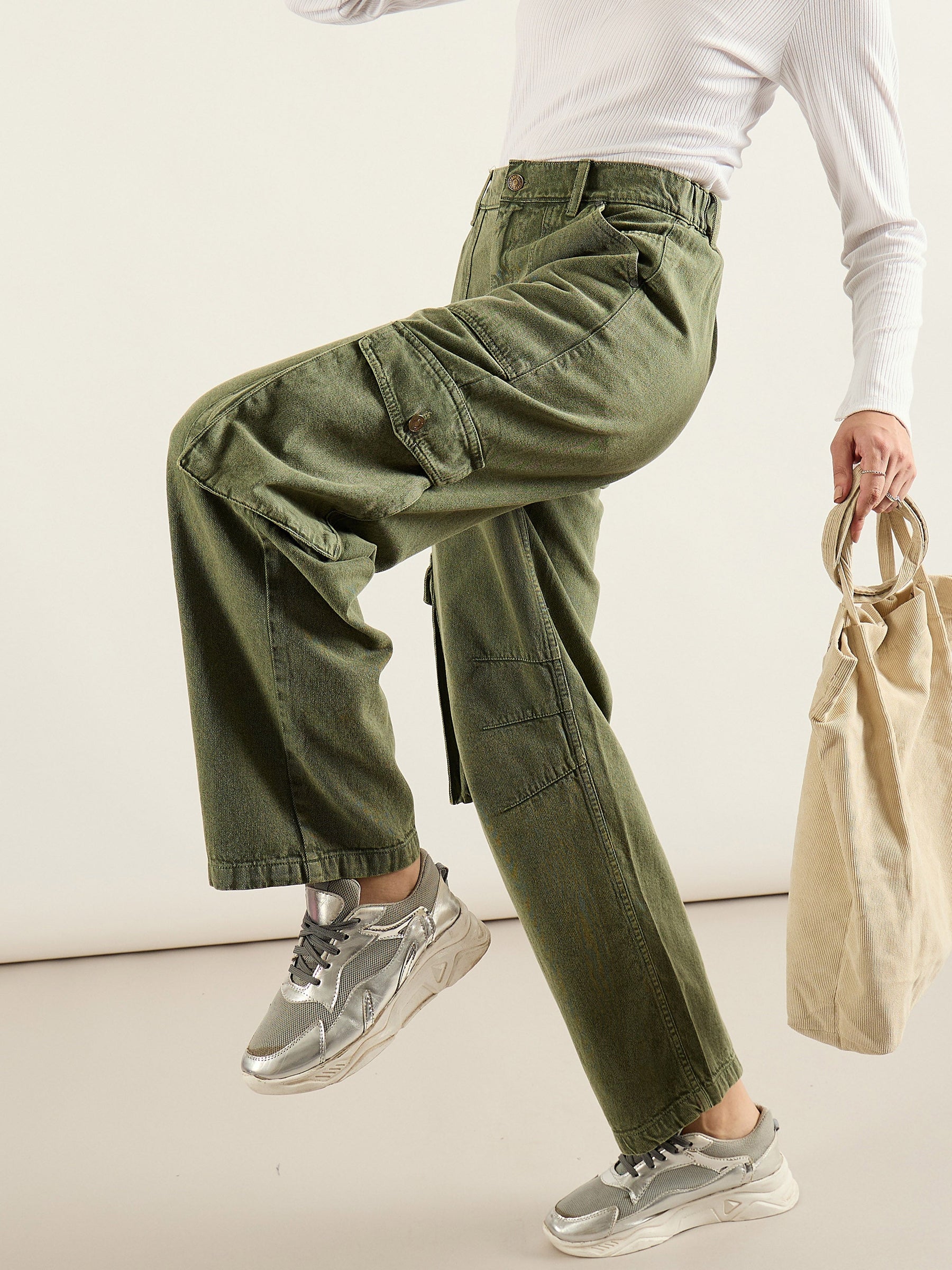 Olive High Rise Cargo Pocket Jeans-SASSAFRAS