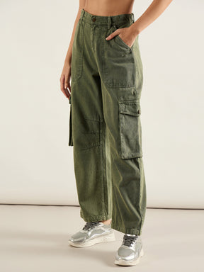 Olive High Rise Cargo Pocket Jeans-SASSAFRAS