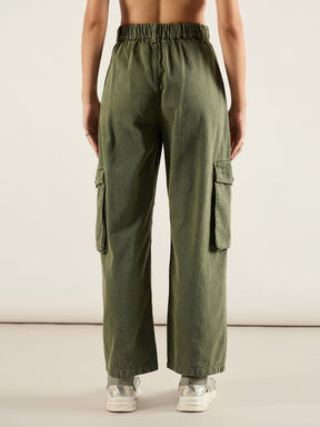 Olive High Rise Cargo Pocket Jeans-SASSAFRAS