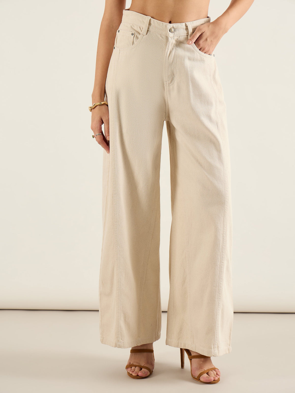 Beige High Waist Wide Leg Jeans-SASSAFRAS