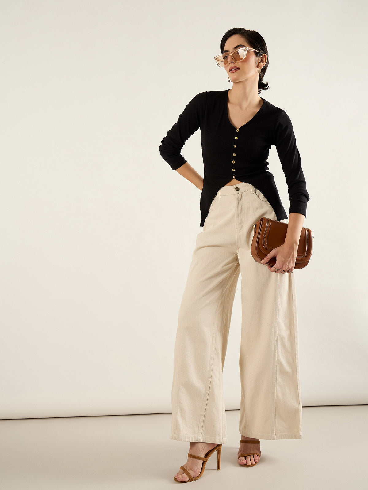 Beige High Waist Wide Leg Jeans-SASSAFRAS