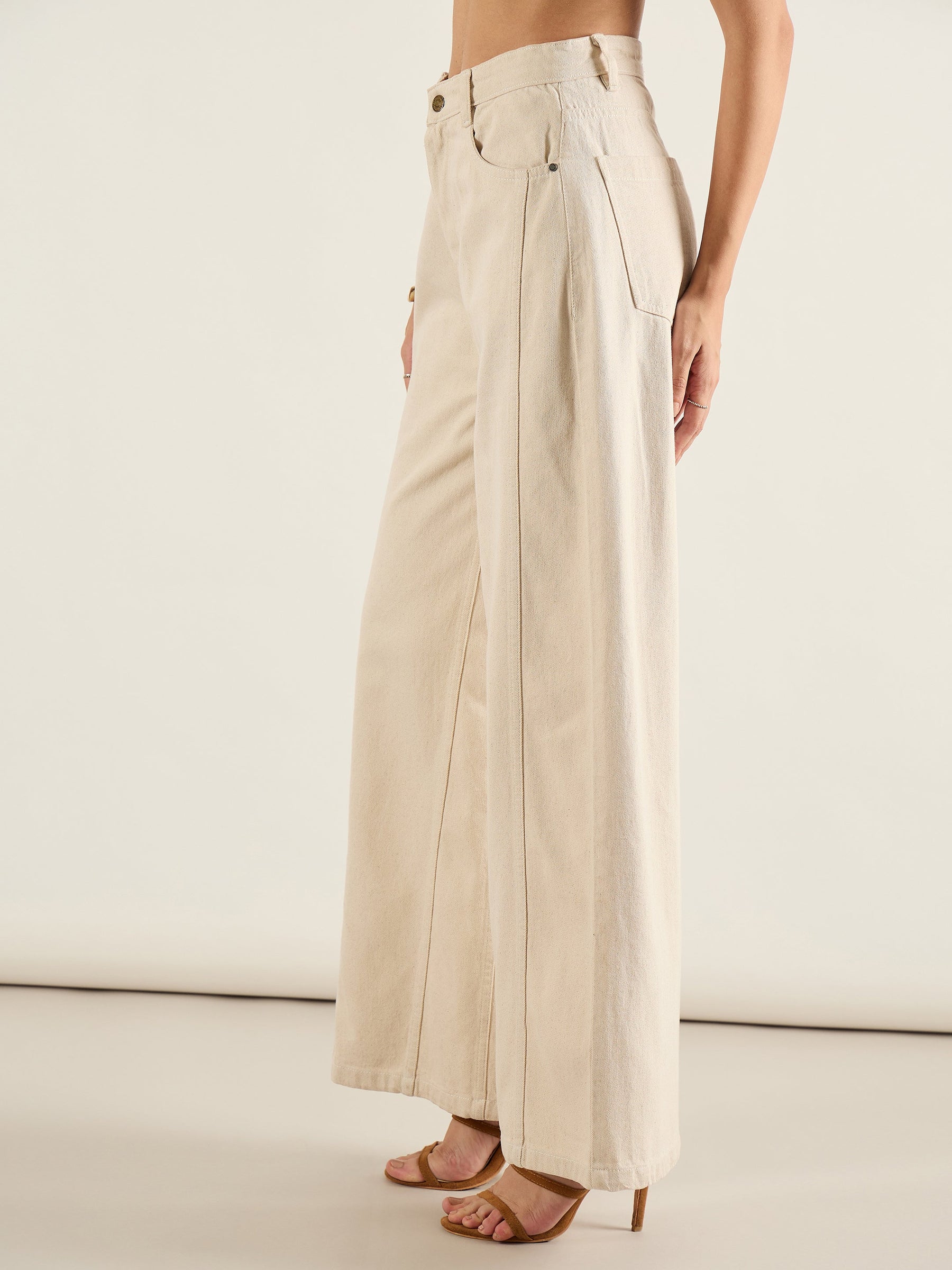 Beige High Waist Wide Leg Jeans-SASSAFRAS