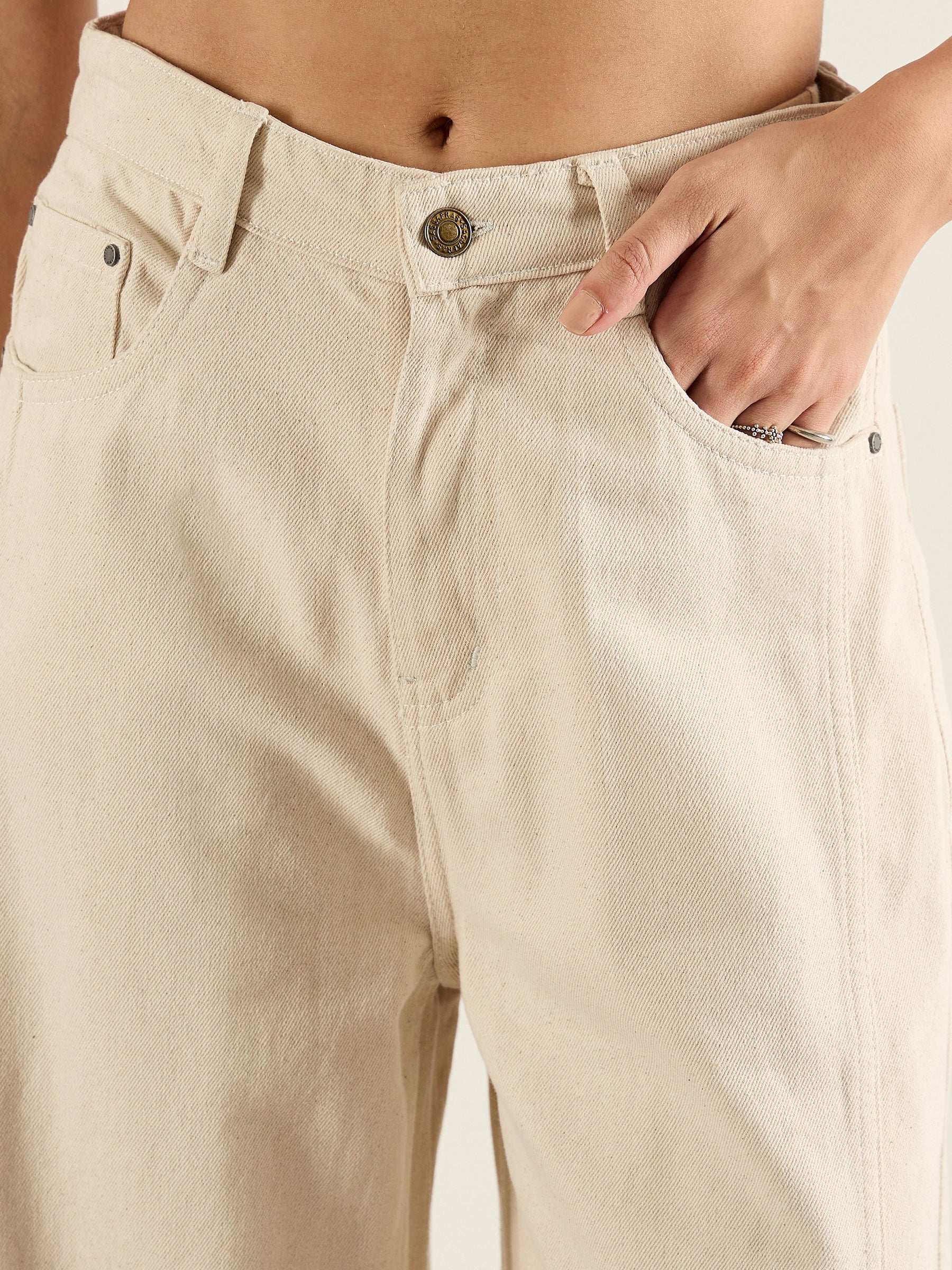 Beige High Waist Wide Leg Jeans-SASSAFRAS
