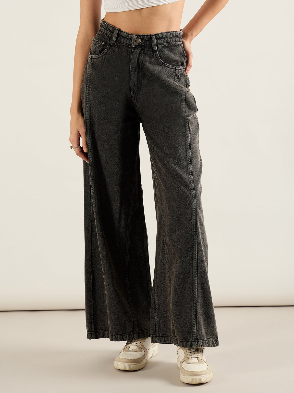 Black Washed High Waist Wide Leg Jeans-SASSAFRAS