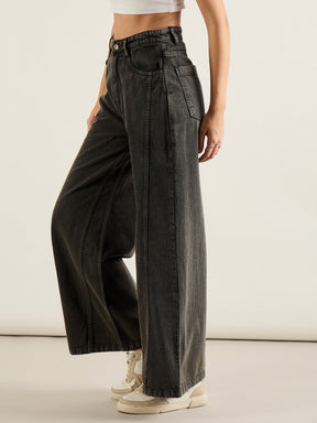 Black Washed High Waist Wide Leg Jeans-SASSAFRAS