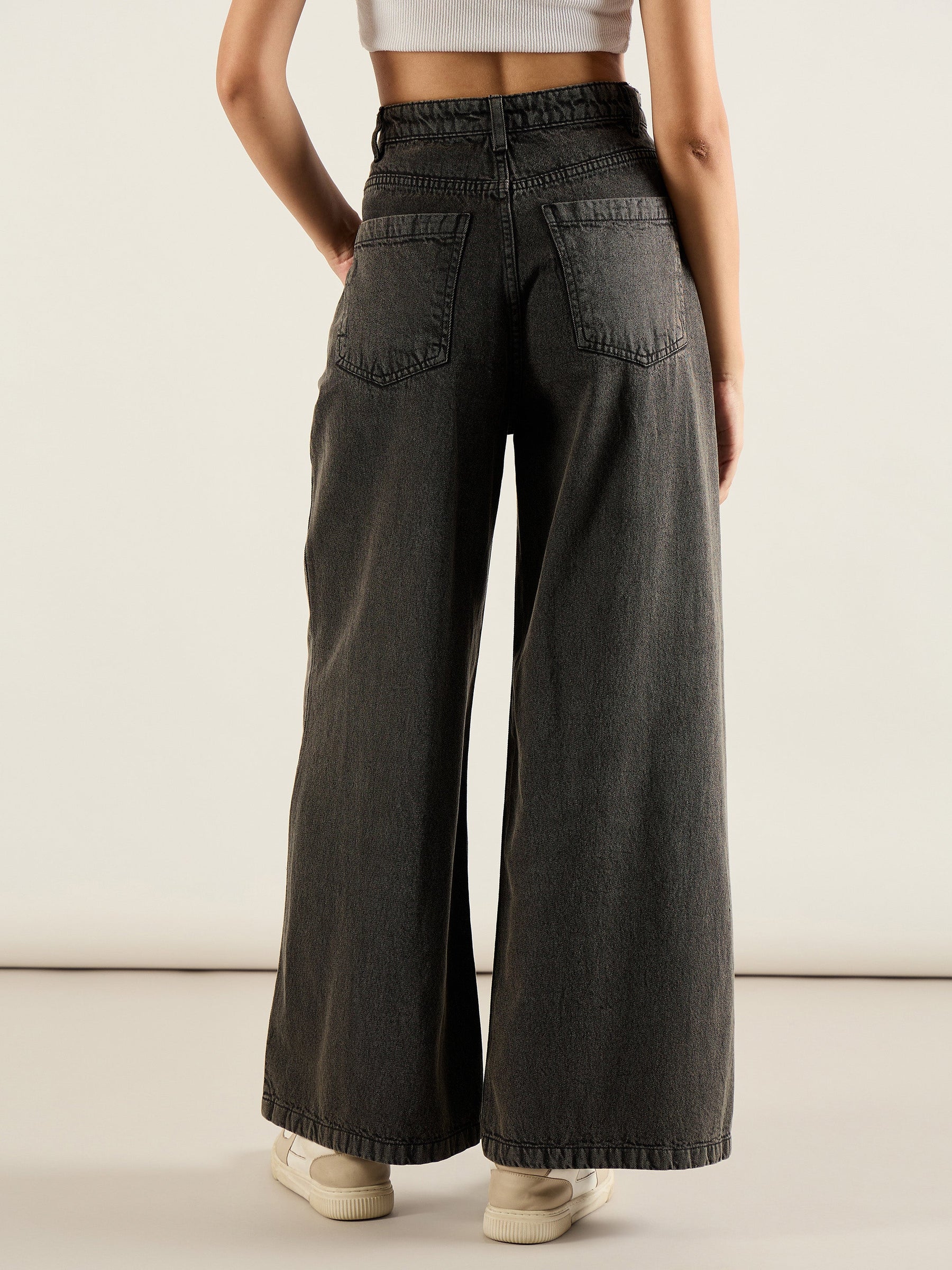 Black Washed High Waist Wide Leg Jeans-SASSAFRAS