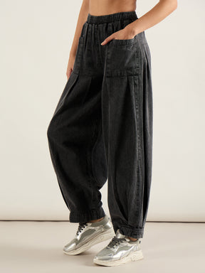 Black Washed High Rise Balloon Fit Jeans-SASSAFRAS