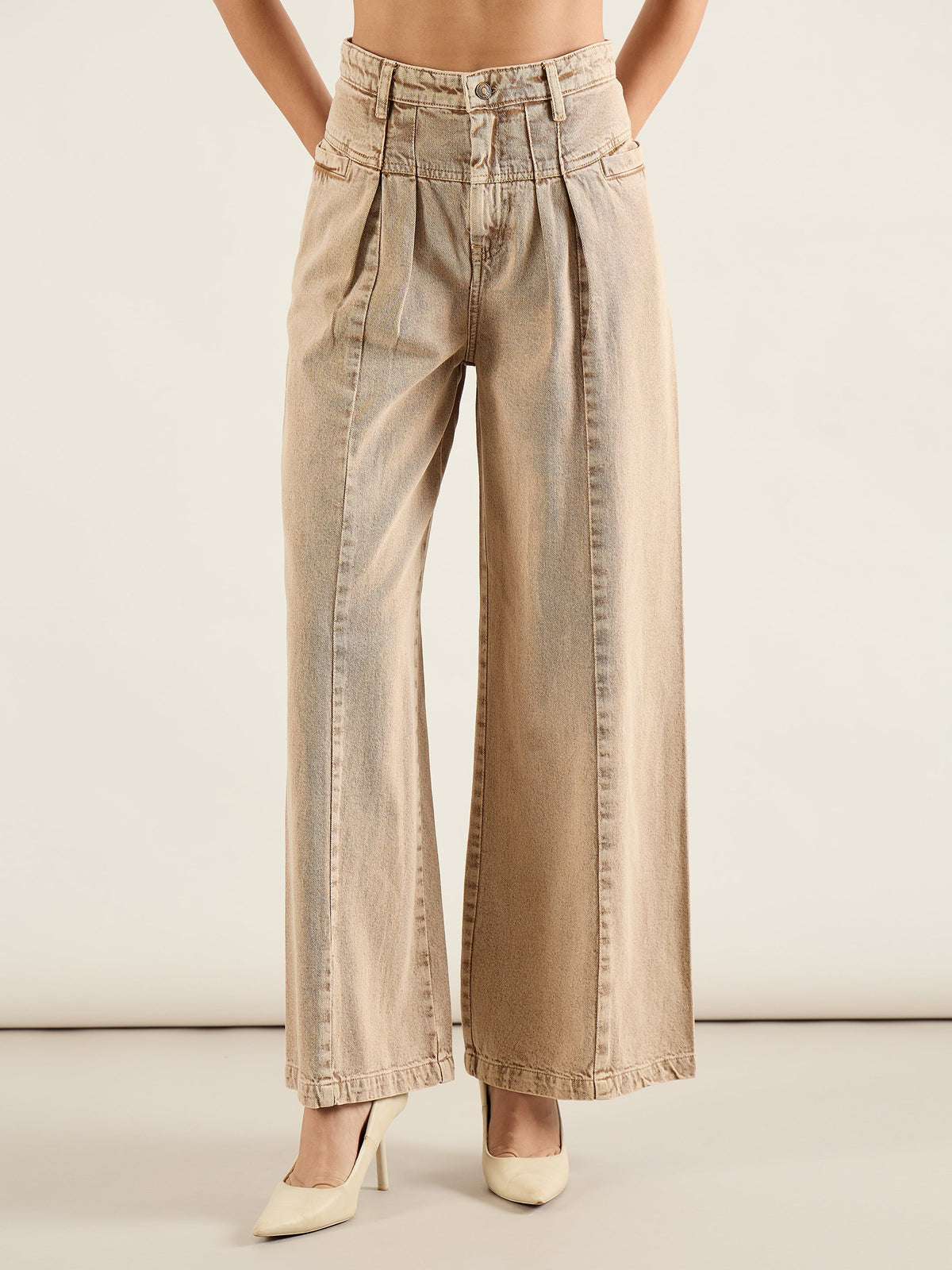Brown High Waist Front Dart Wide Leg Jeans-SASSAFRAS