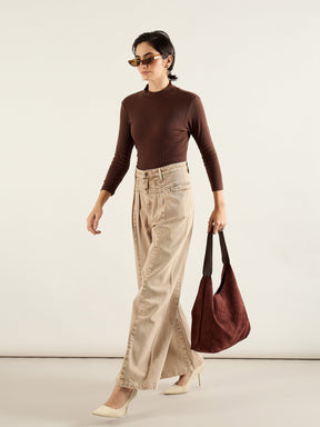 Brown High Waist Front Dart Wide Leg Jeans-SASSAFRAS