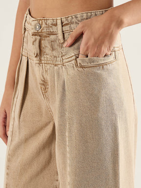Brown High Waist Front Dart Wide Leg Jeans-SASSAFRAS