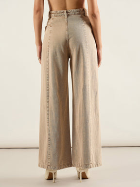 Brown High Waist Front Dart Wide Leg Jeans-SASSAFRAS