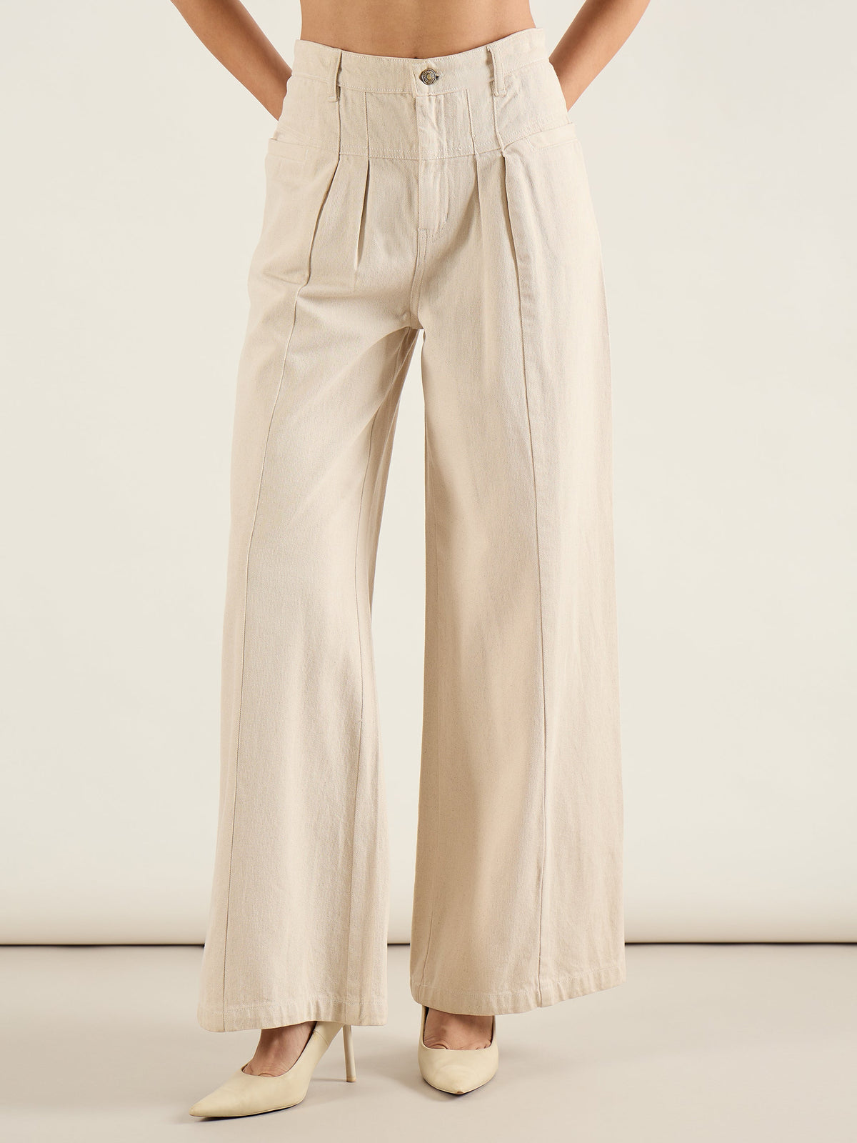 Beige High Waist Front Dart Wide Leg Jeans-SASSAFRAS