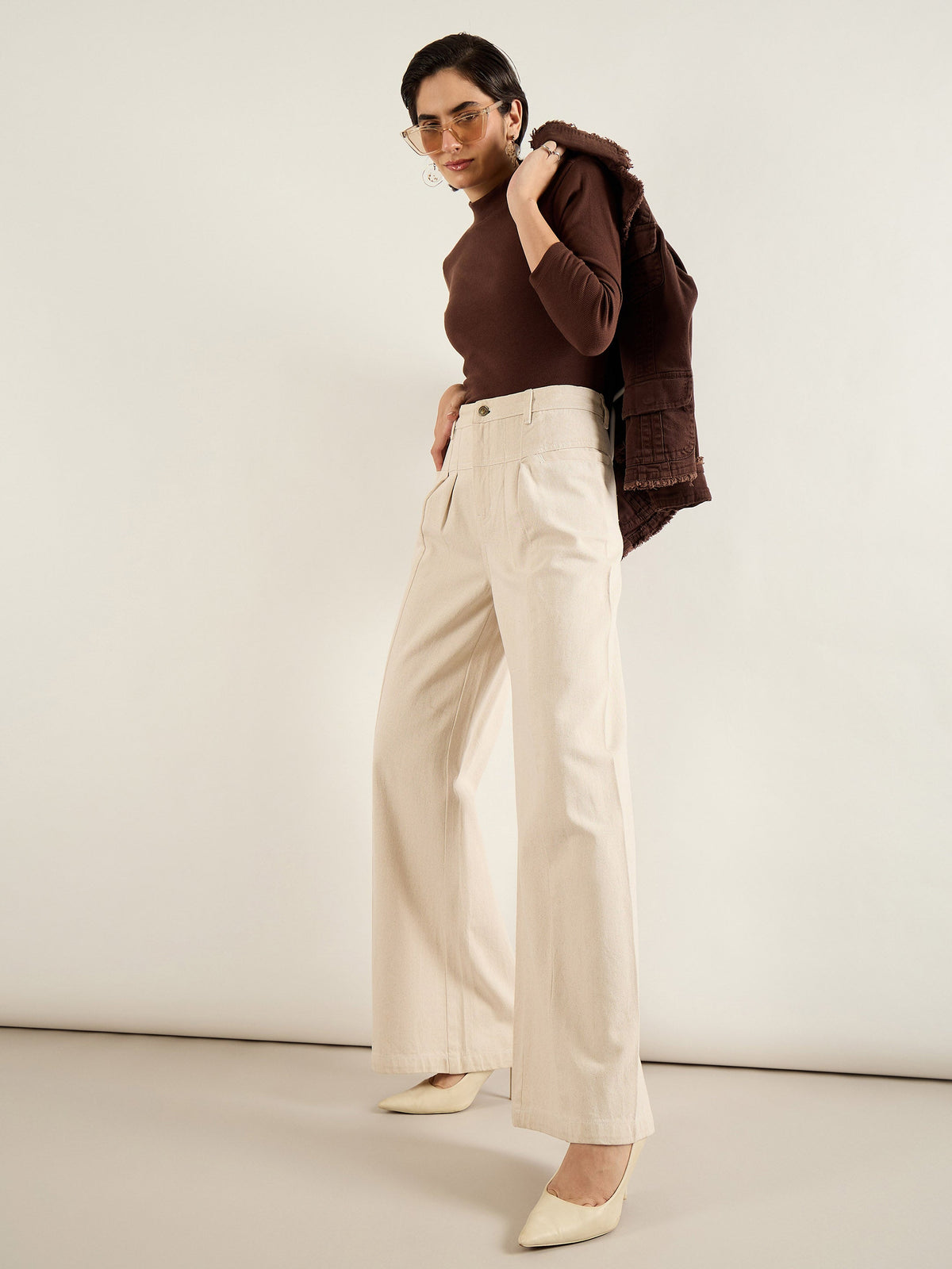 Beige High Waist Front Dart Wide Leg Jeans-SASSAFRAS