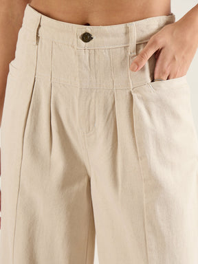 Beige High Waist Front Dart Wide Leg Jeans-SASSAFRAS