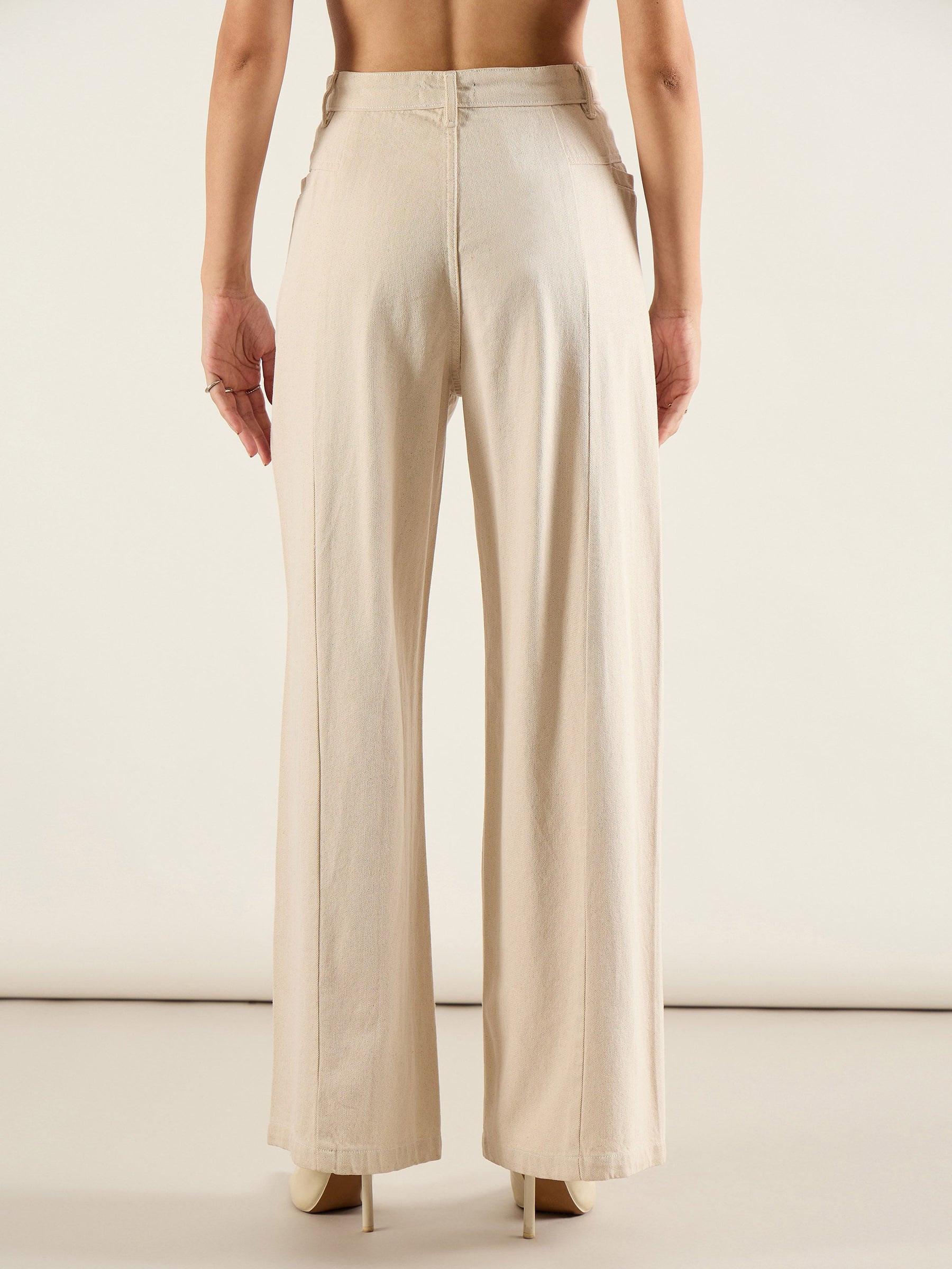Beige High Waist Front Dart Wide Leg Jeans-SASSAFRAS