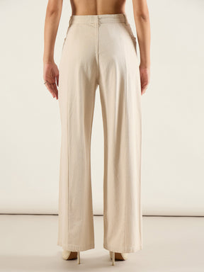 Beige High Waist Front Dart Wide Leg Jeans-SASSAFRAS